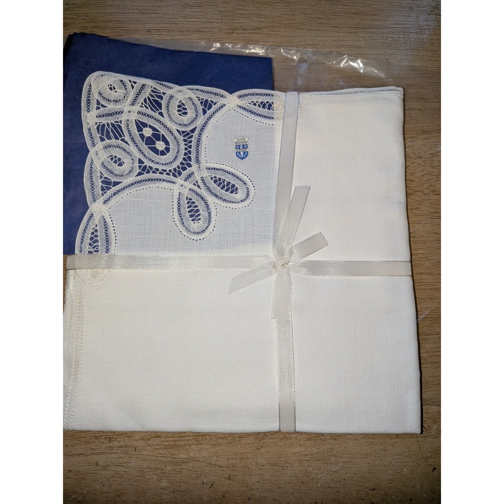 Lace‎ 100% Belgian Linen White Tablecloth Corner & Center Detail & 4 Napkins NEW